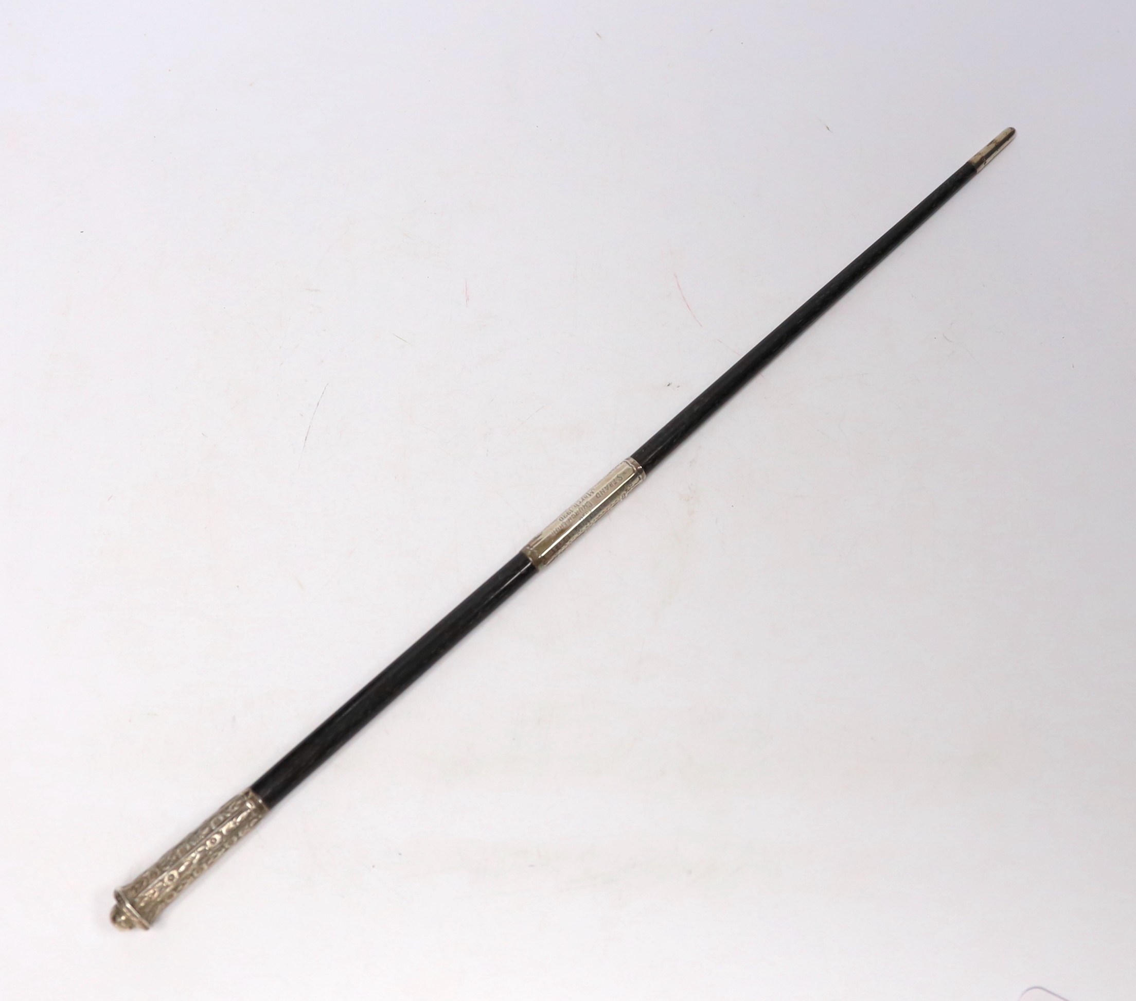 A cased George V silver mounted conductor's baton, two part baton with threaded joint, engraved dedication reading; ‘Presented to Mr. Frankland from Strand Church Choir March 1920’, hallmarked London 1919, case 24.5cm